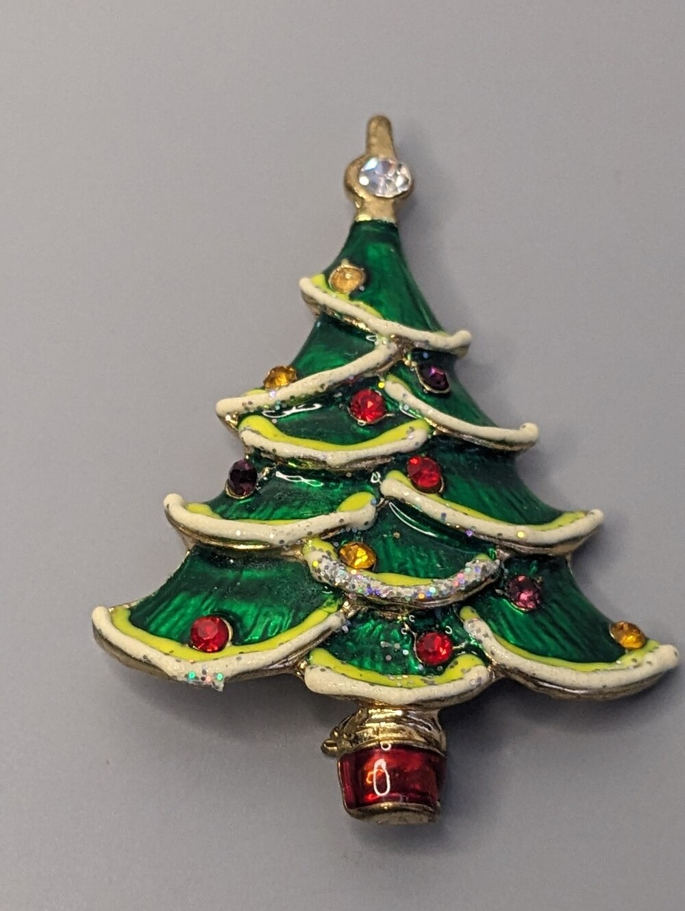1960s Christmas Tree Brooch Green Enamel And Rhinestone Vintage Holiday Jewelry
